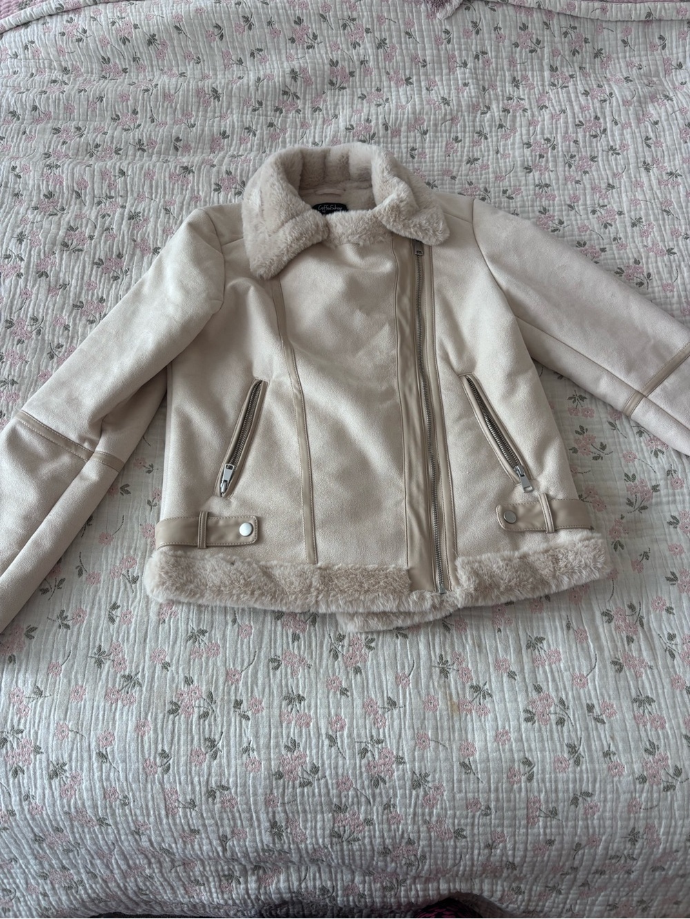 CoffeeShop Cream Faux Shearling Moto Jacket